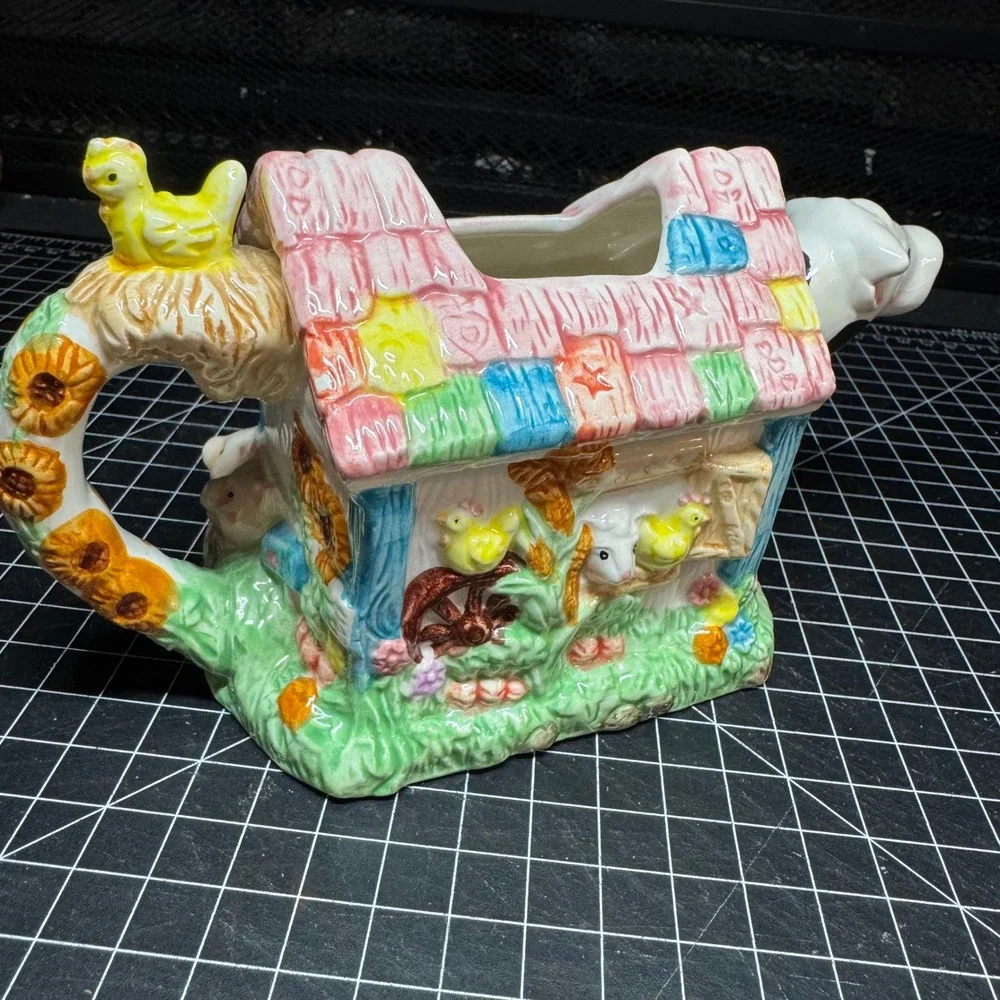 Vintage 1994 Mercuries Farm Barn Teapot Set with Tray and 4 Plates Cow Pig Sheep